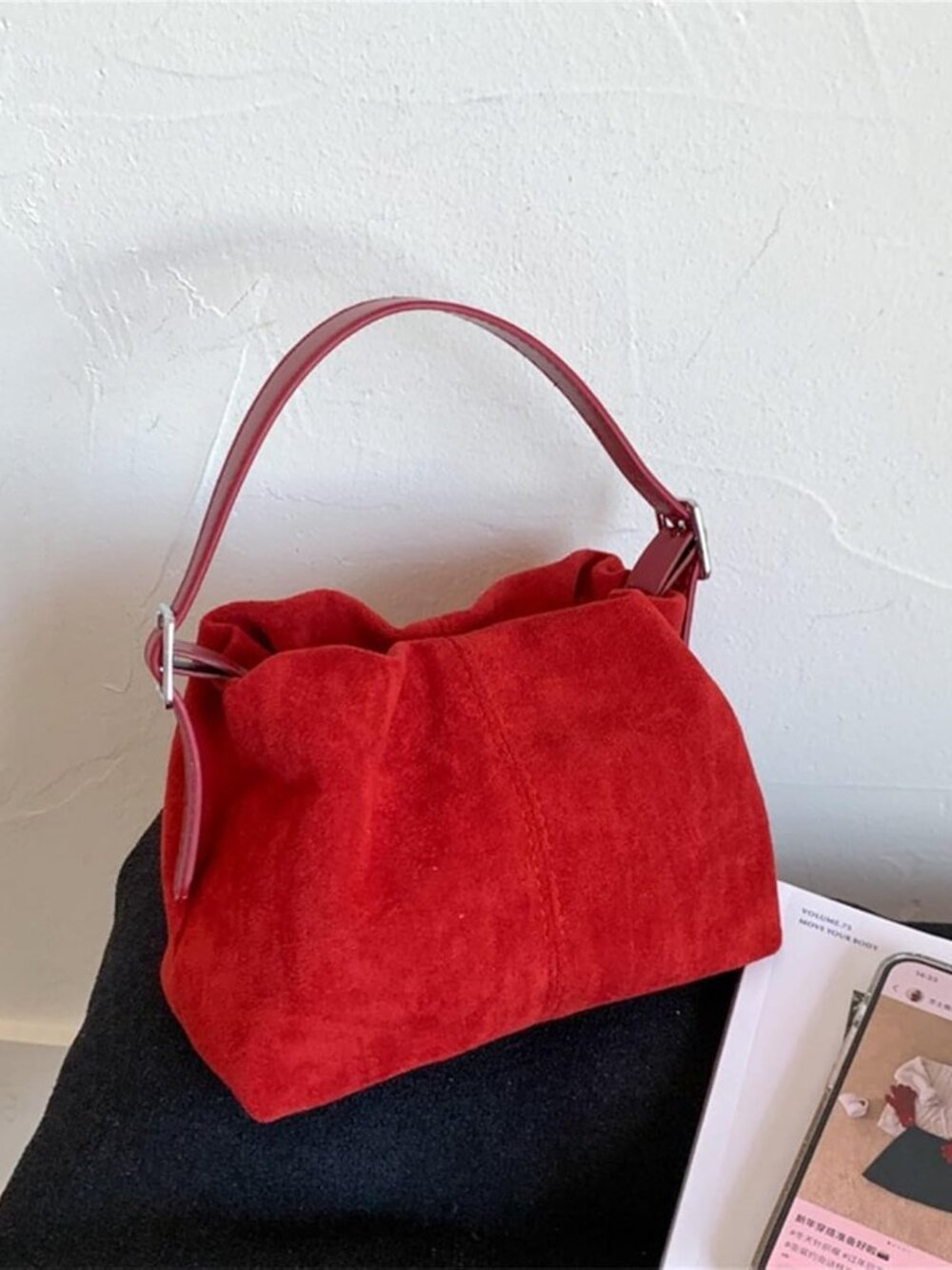Women Vintage Suede Handbag Small Tote Bag Drawstring Bucket Bag Faux Suede Cros - Picture 3 of 7